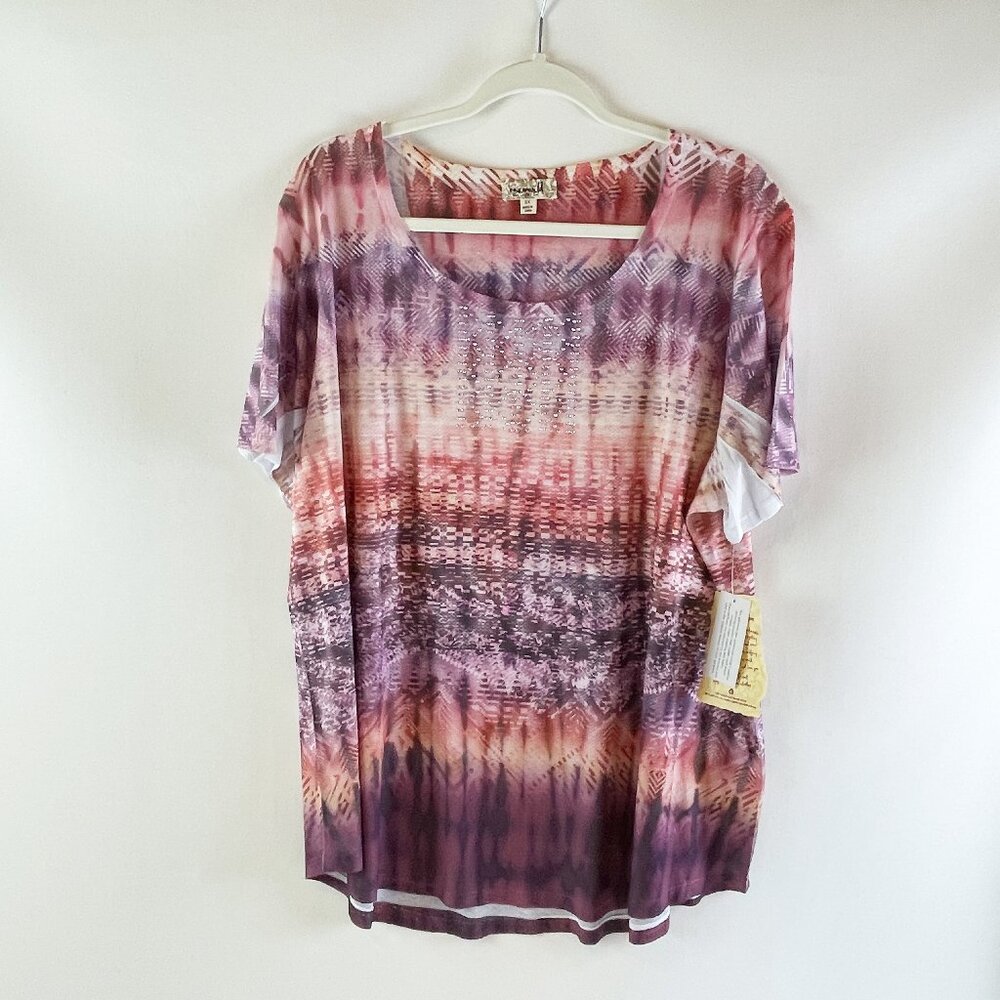 One World Womens Shirt Top 2X Boho Studded Short Sleeve OW6